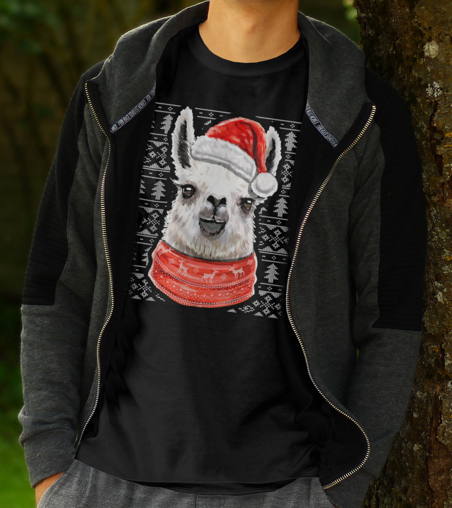 Ugly Christmas Llama Sweater With Santa Hat Festive T-Shirt