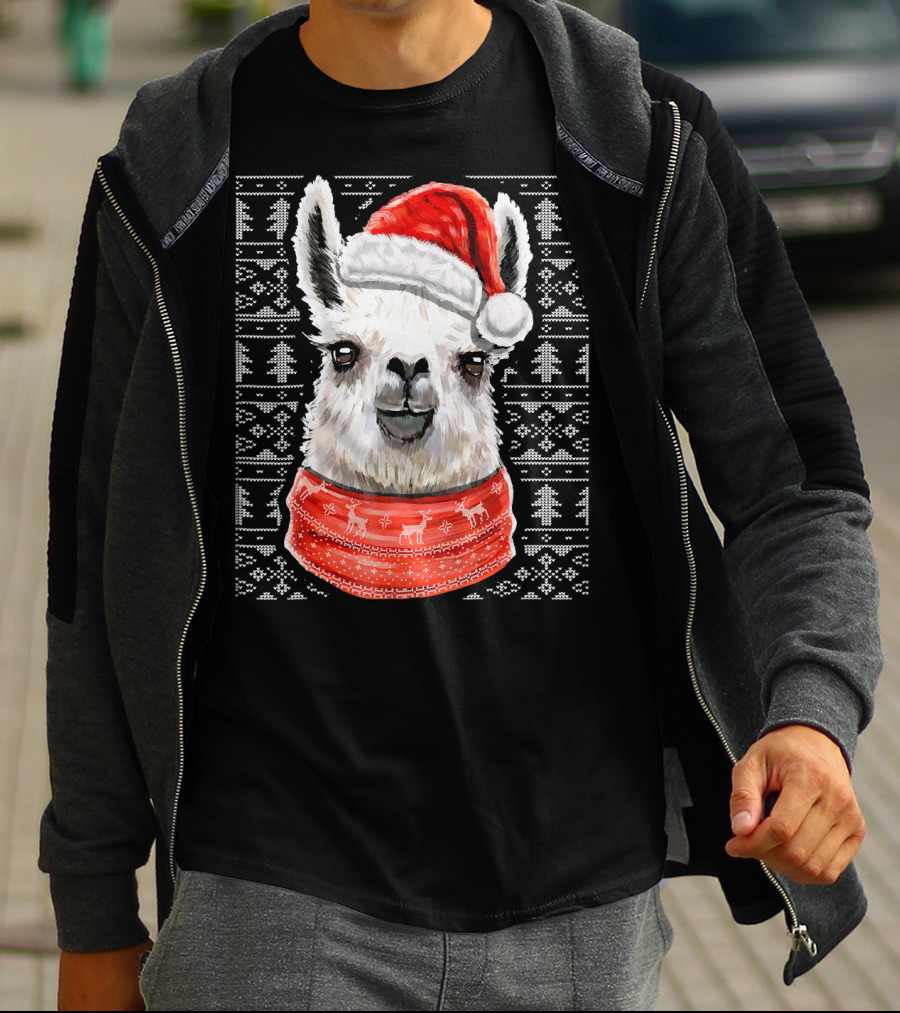 Ugly Christmas Llama Sweater With Santa Hat Festive T-Shirt