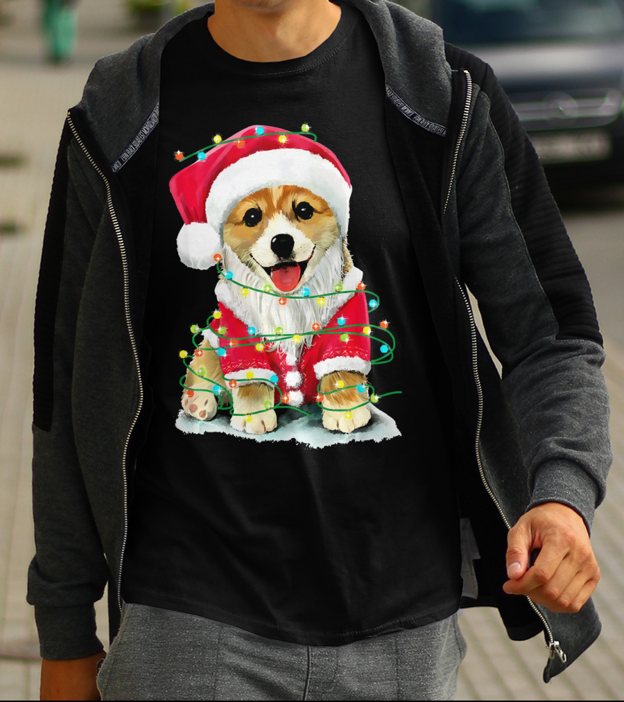 Festive Christmas Corgi Santa With Holiday Lights Corgmas San T-Shirt