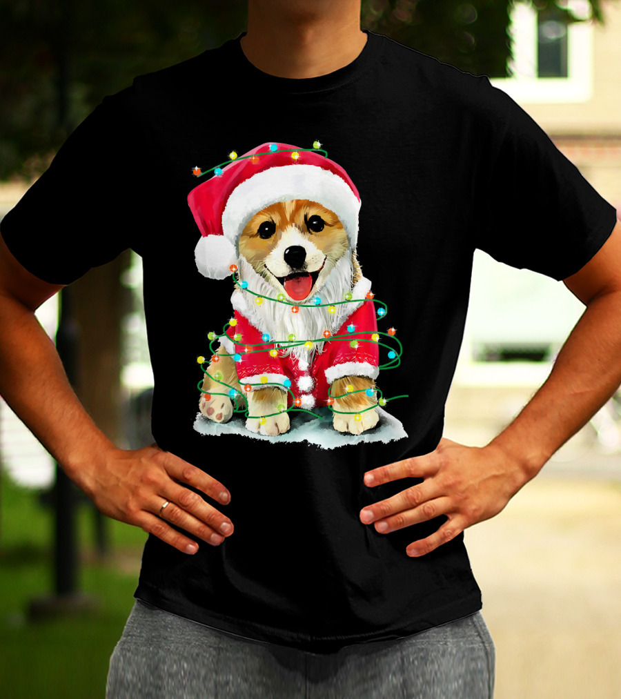 Festive Christmas Corgi Santa With Holiday Lights Corgmas San T-Shirt