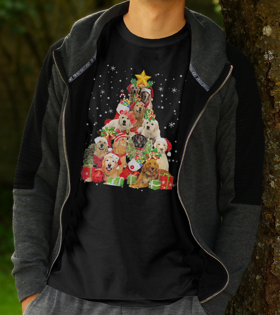 Golden Retriever Christmas Tree With Santa Hats And Presents T-Shirt