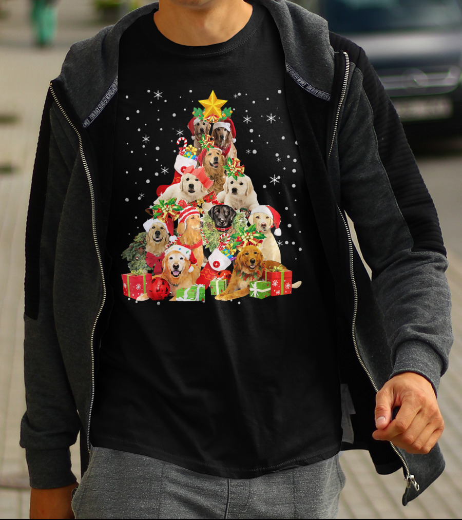 Golden Retriever Christmas Tree With Santa Hats And Presents T-Shirt