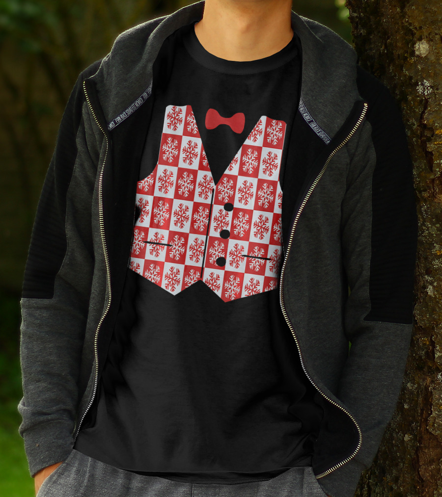 Red And White Snowflake Vest With Bow Tie T-Shirt