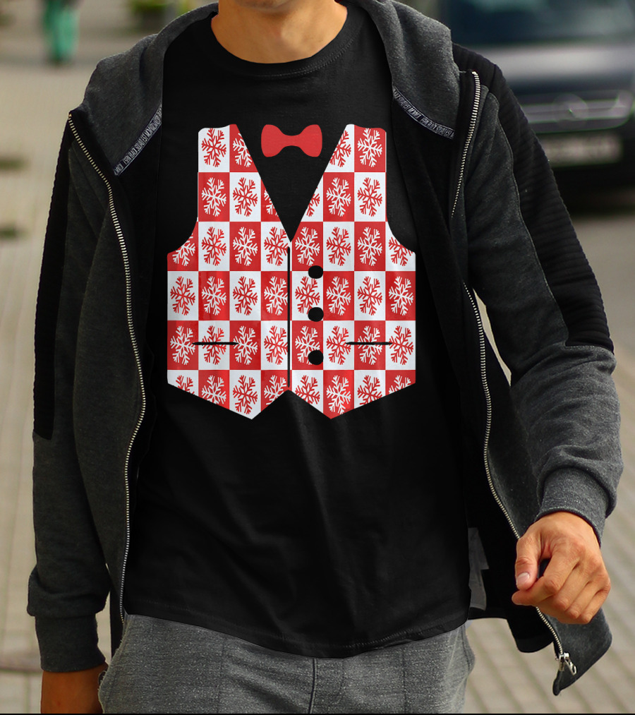 Red And White Snowflake Vest With Bow Tie T-Shirt