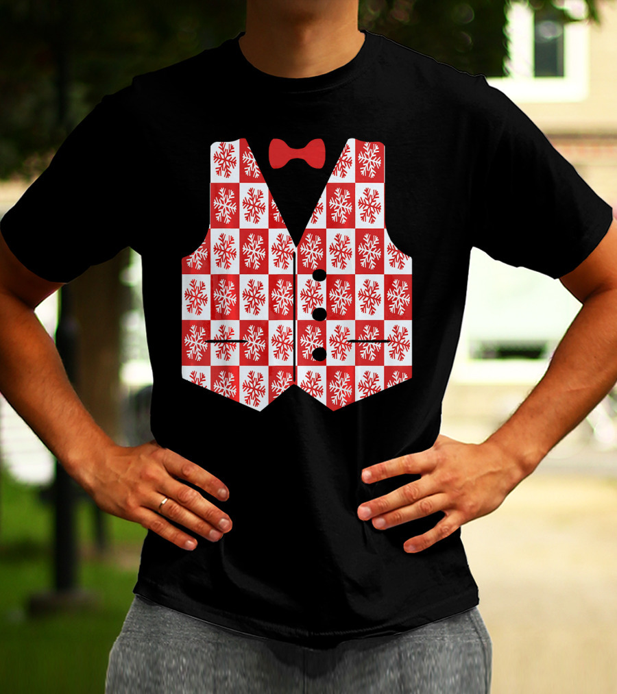 Red And White Snowflake Vest With Bow Tie T-Shirt