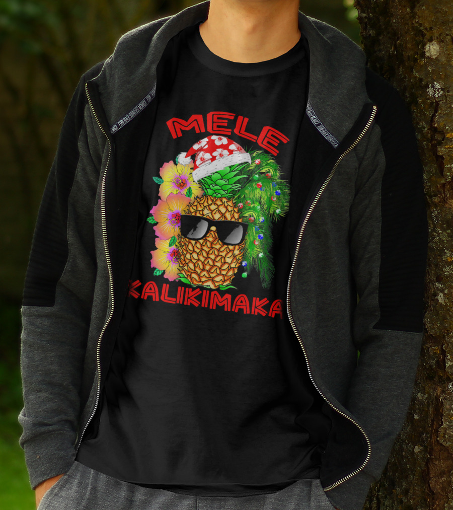 Mele Kalikimaka Hawaiian Christmas Pineapple Santa Hat Sunglasses Flowers T-Shirt
