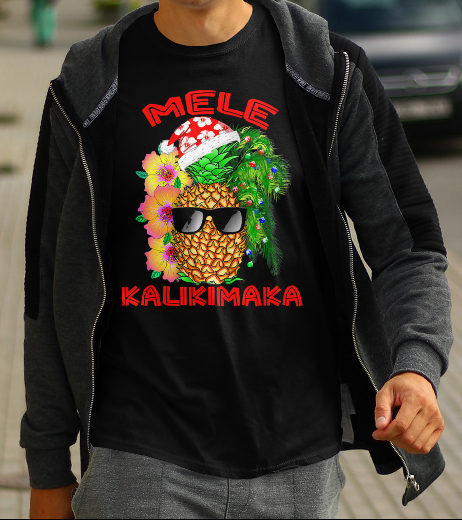 Mele Kalikimaka Hawaiian Christmas Pineapple Santa Hat Sunglasses Flowers T-Shirt