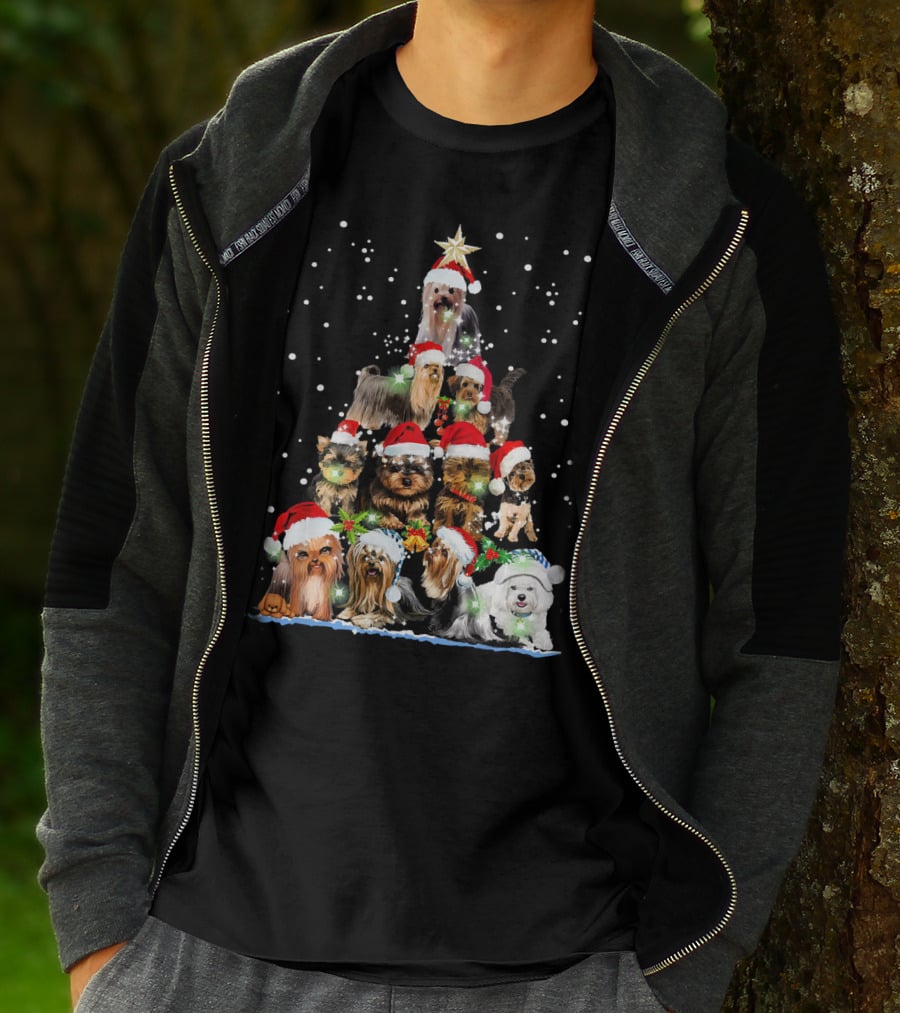 Yorkie Christmas Tree Santa Hats Dogs Snowflakes T-Shirt