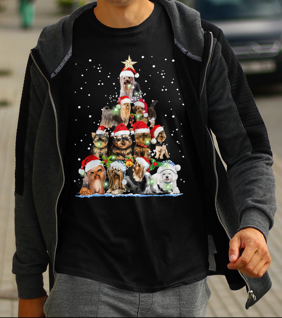 Yorkie Christmas Tree Santa Hats Dogs Snowflakes T-Shirt
