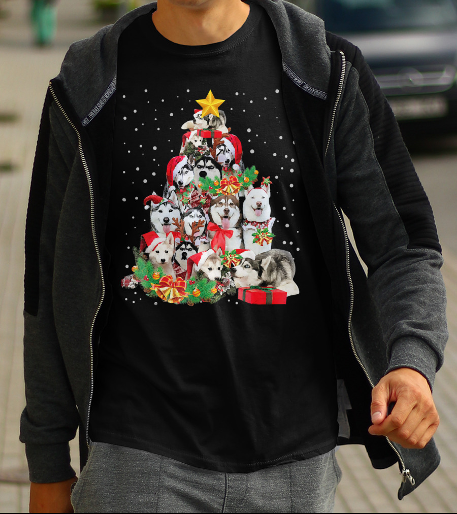 Siberian Husky Christmas Tree Festive Holiday Dogs With Gifts And Star T-Shirt