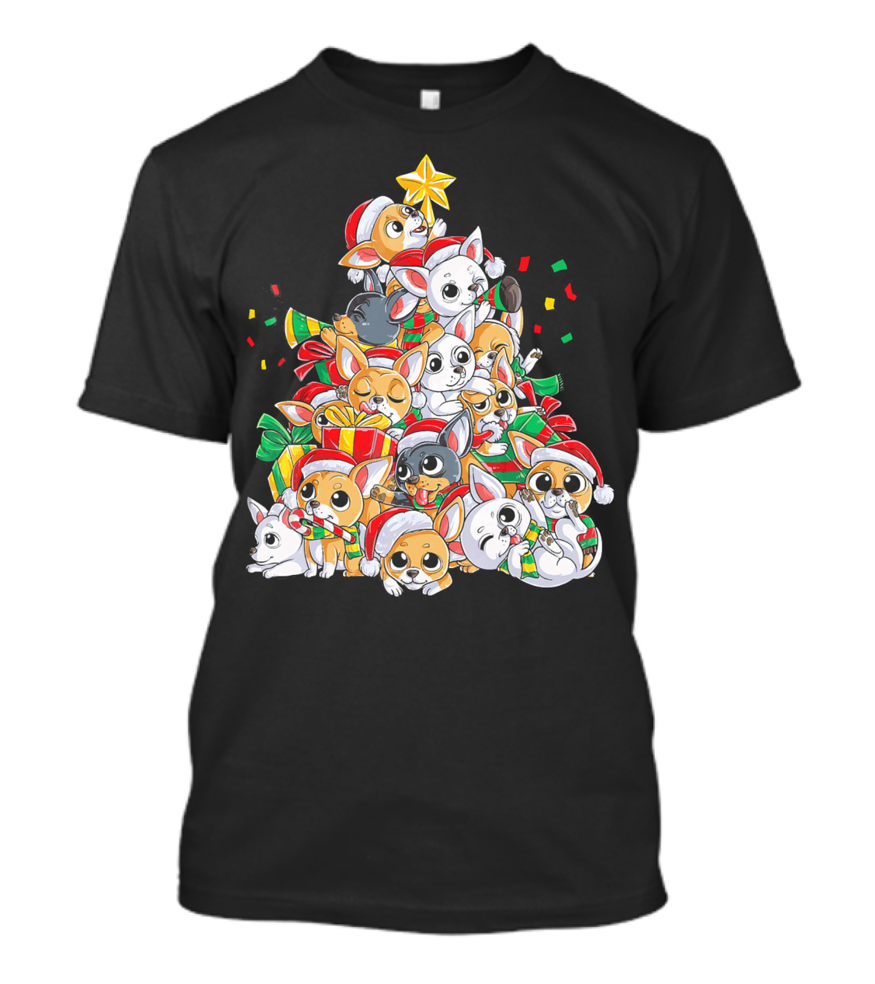 Chihuahua Christmas Tree Festive Dogs With Santa Hats And Presents T-Shirt