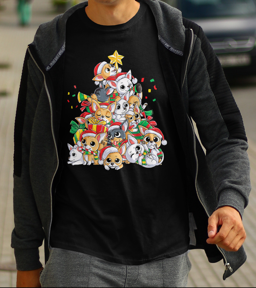 Chihuahua Christmas Tree Festive Dogs With Santa Hats And Presents T-Shirt