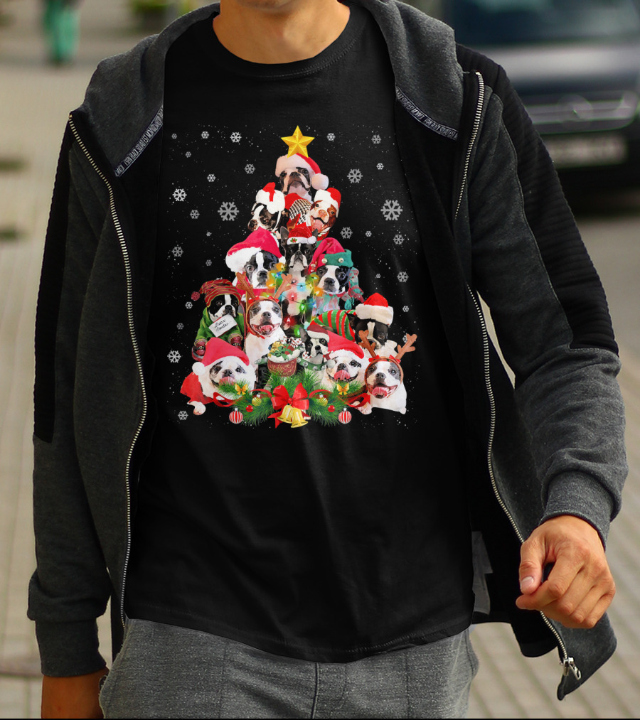 Boston Terriers Christmas Tree Snowflakes And Santa Hats T-Shirt