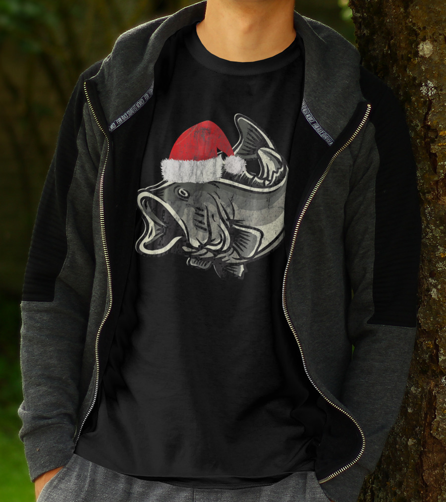 Christmas Bass With Santa Hat T-Shirt