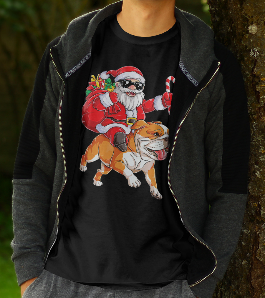 Santa Riding English Bulldog Christmas College Holiday T-Shirt
