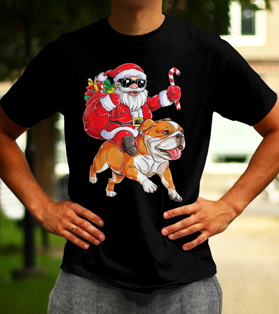 Santa Riding English Bulldog Christmas College Holiday T-Shirt