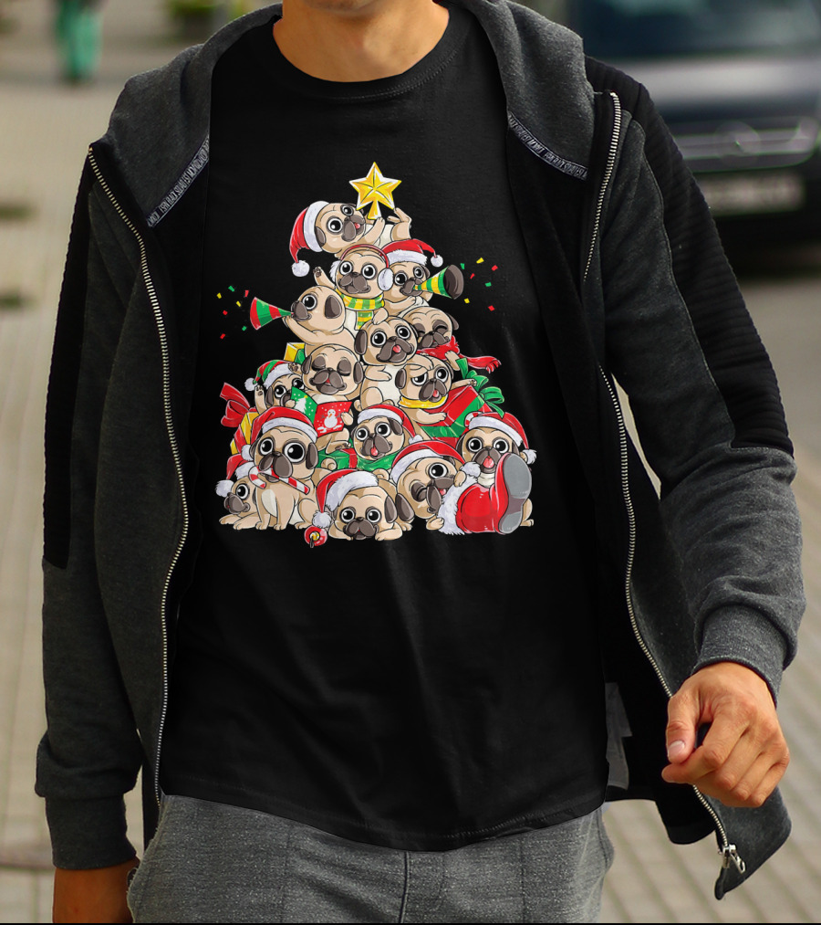 Merry Pugmas Christmas Tree With Pugs In Santa Hats T-Shirt