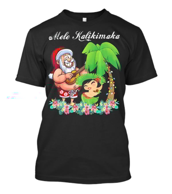 Mele Kalikimaka Christmas Santa Hawaii With Hula Dancer And Palm Tree T-Shirt