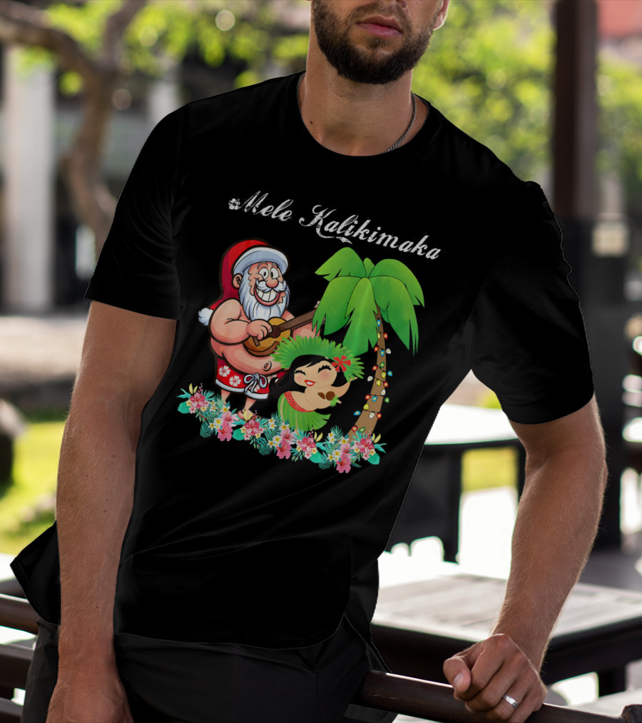 Mele Kalikimaka Christmas Santa Hawaii With Hula Dancer And Palm Tree T-Shirt