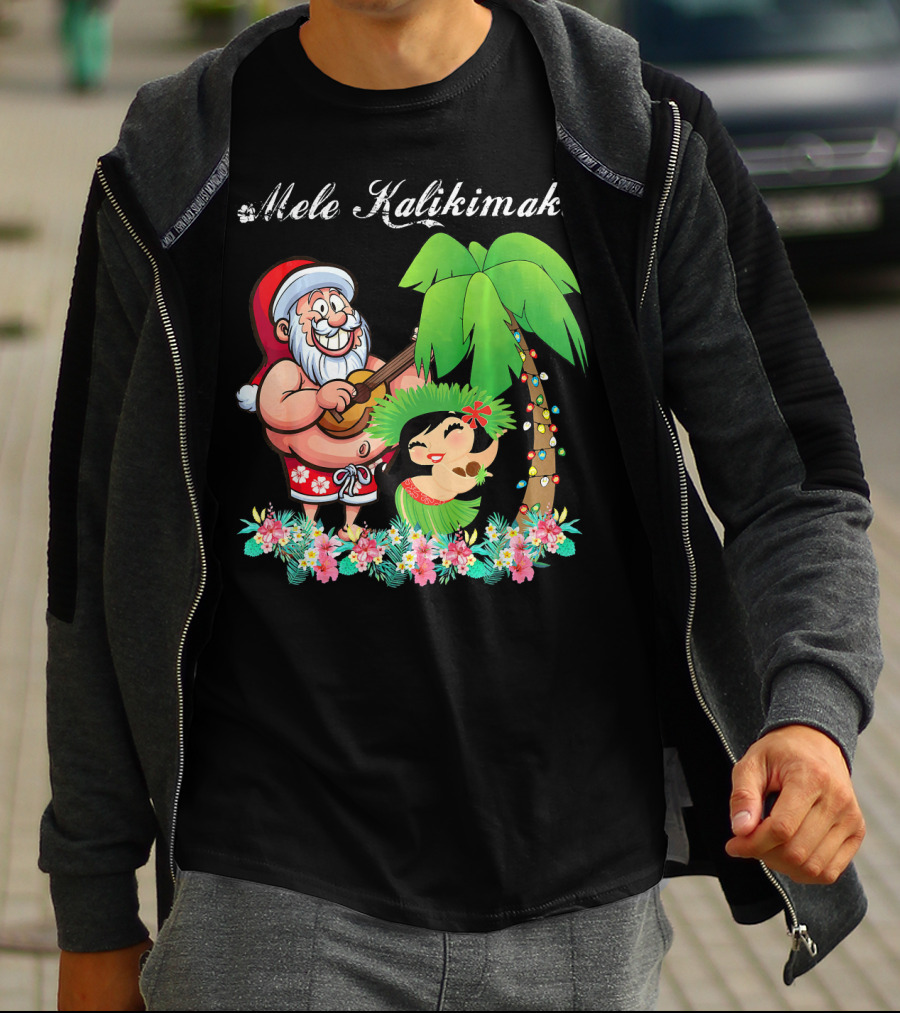 Mele Kalikimaka Christmas Santa Hawaii With Hula Dancer And Palm Tree T-Shirt