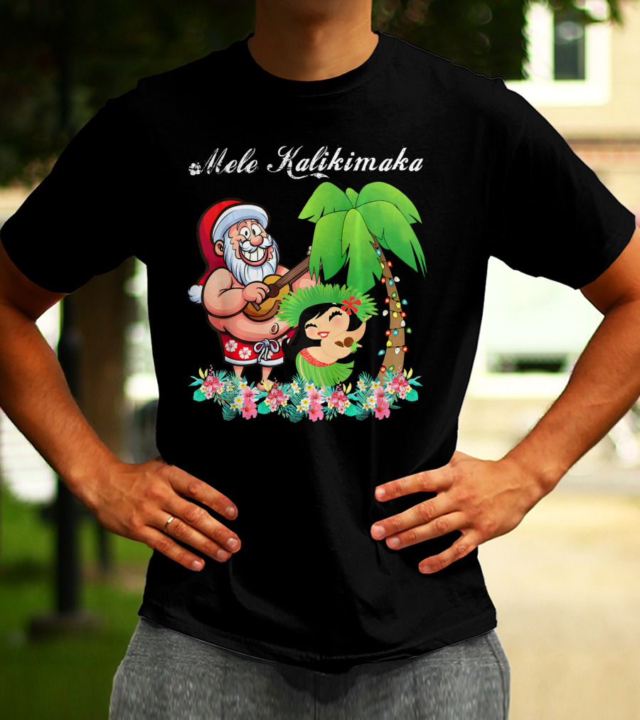 Mele Kalikimaka Christmas Santa Hawaii With Hula Dancer And Palm Tree T-Shirt