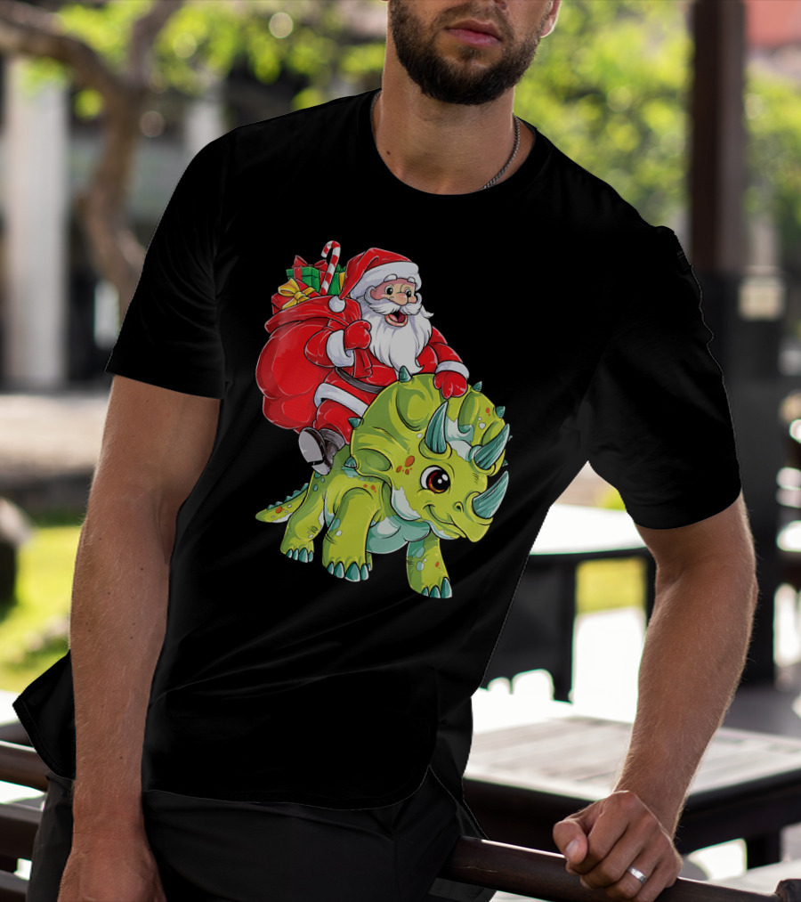 Santa Riding Triceratops Dinosaur Christmas Boys Santa Tric T-Shirt