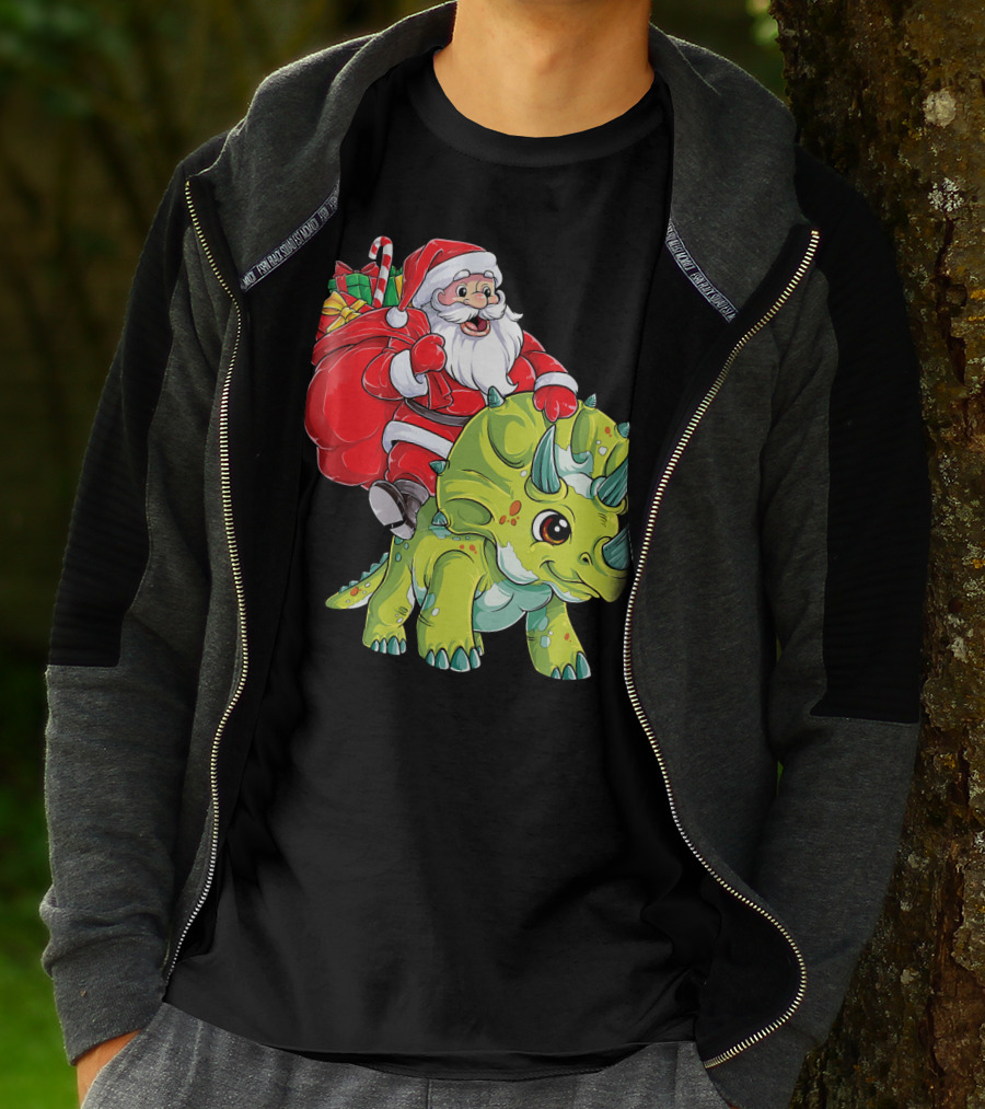Santa Riding Triceratops Dinosaur Christmas Boys Santa Tric T-Shirt