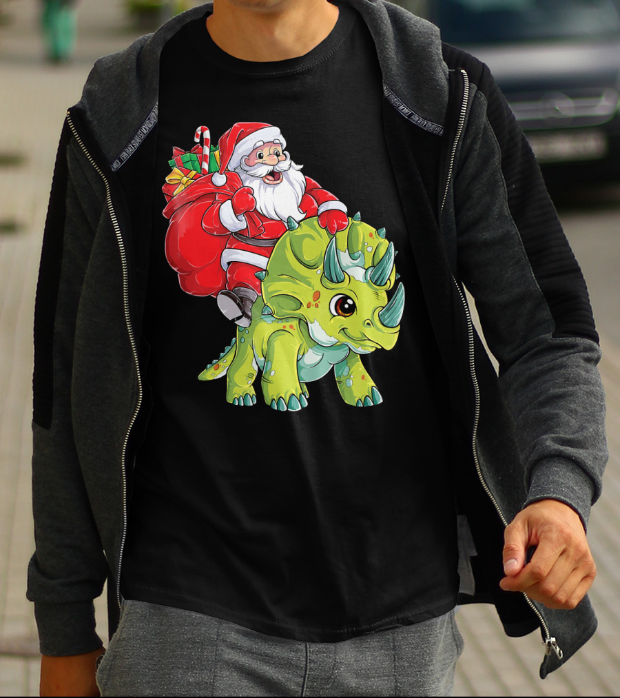 Santa Riding Triceratops Dinosaur Christmas Boys Santa Tric T-Shirt