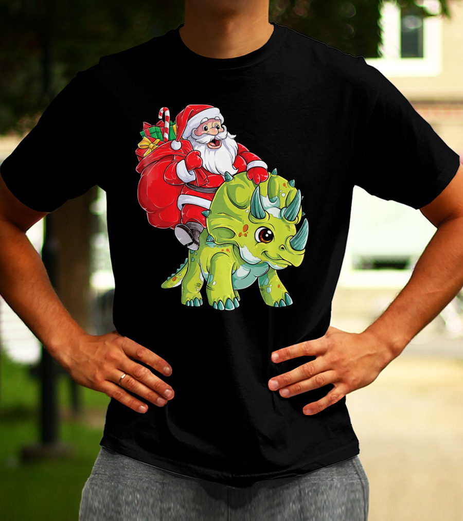 Santa Riding Triceratops Dinosaur Christmas Boys Santa Tric T-Shirt