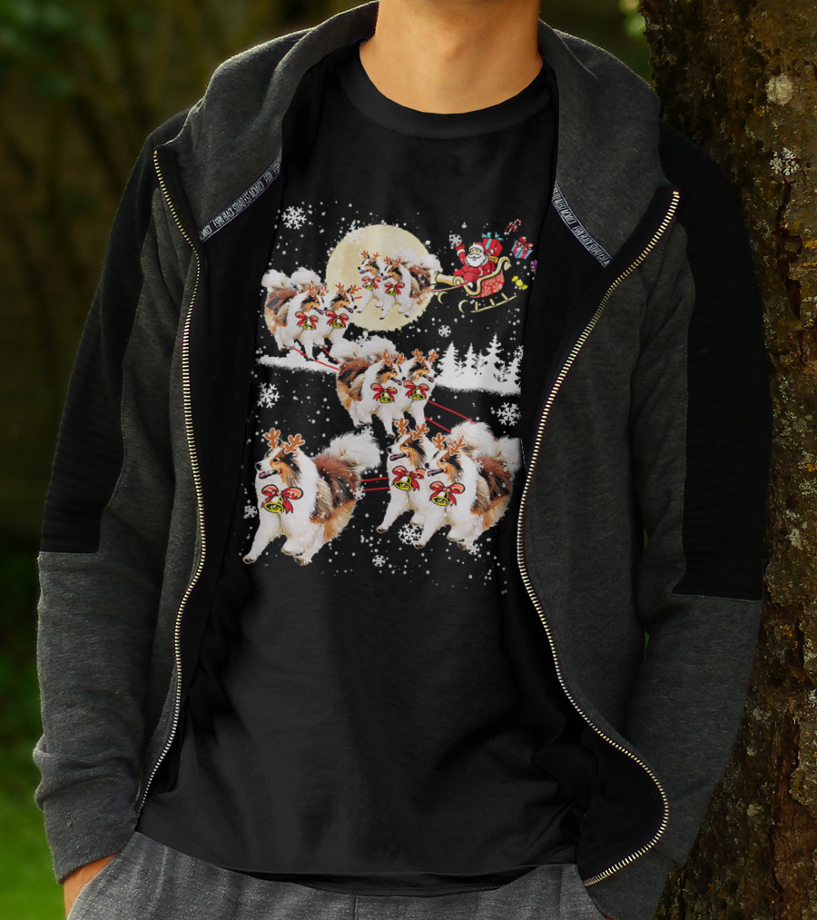 Sheltie Reindeer Christmas Nice Dog Santa Sleigh Moon Snowflakes T-Shirt