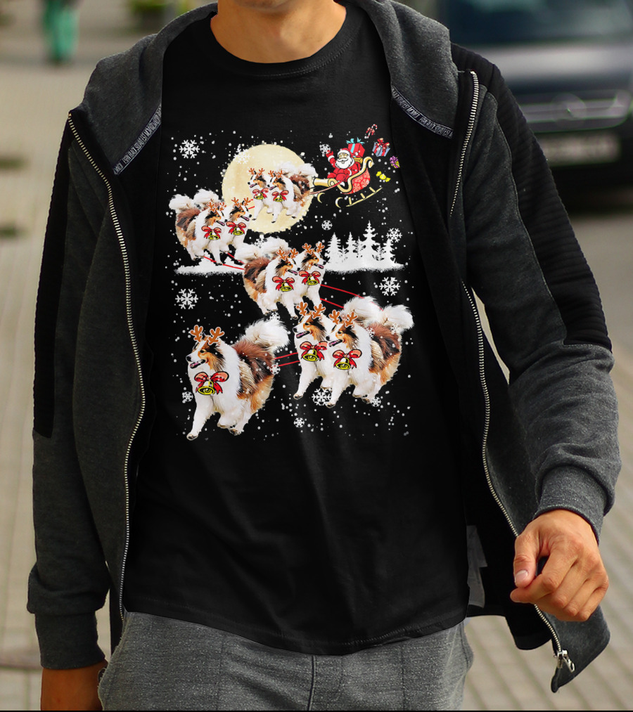 Sheltie Reindeer Christmas Nice Dog Santa Sleigh Moon Snowflakes T-Shirt