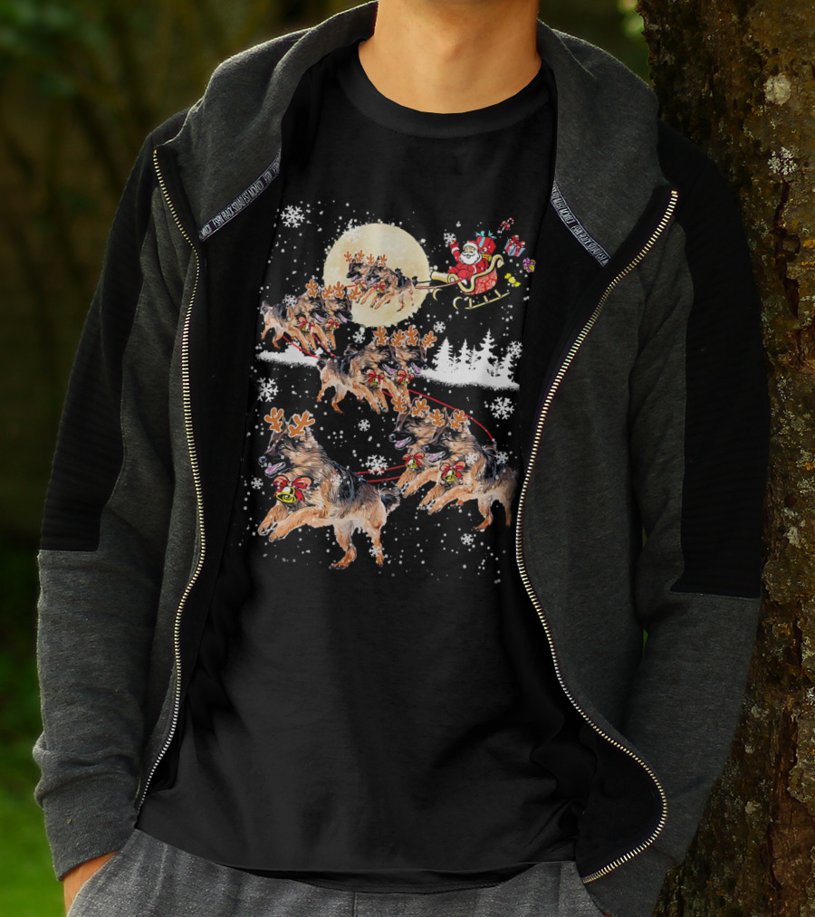 Santa Sleigh German Shepherd Reindeer Christmas Snowflakes Moon T-Shirt