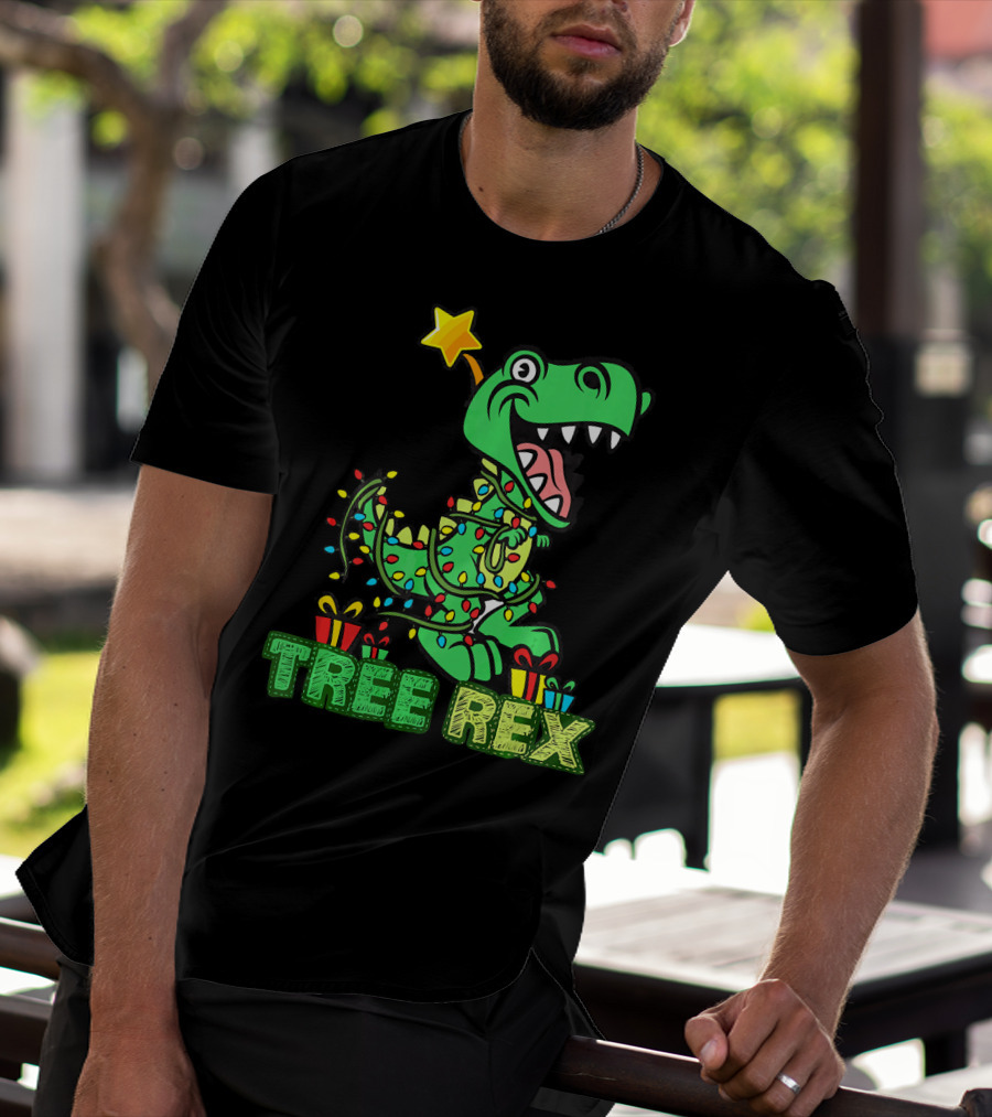 Tree Rex Dinosaur Wrapped In Christmas Lights With Presents And Star T-Shirt