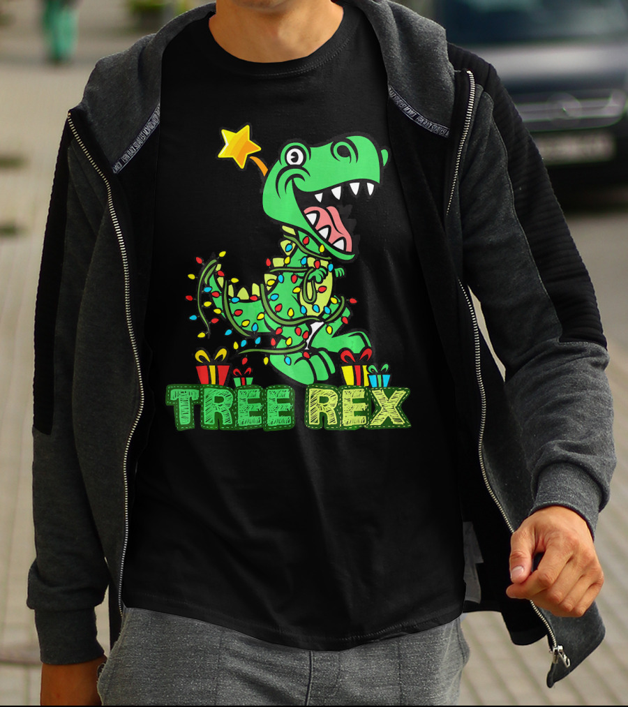 Tree Rex Dinosaur Wrapped In Christmas Lights With Presents And Star T-Shirt