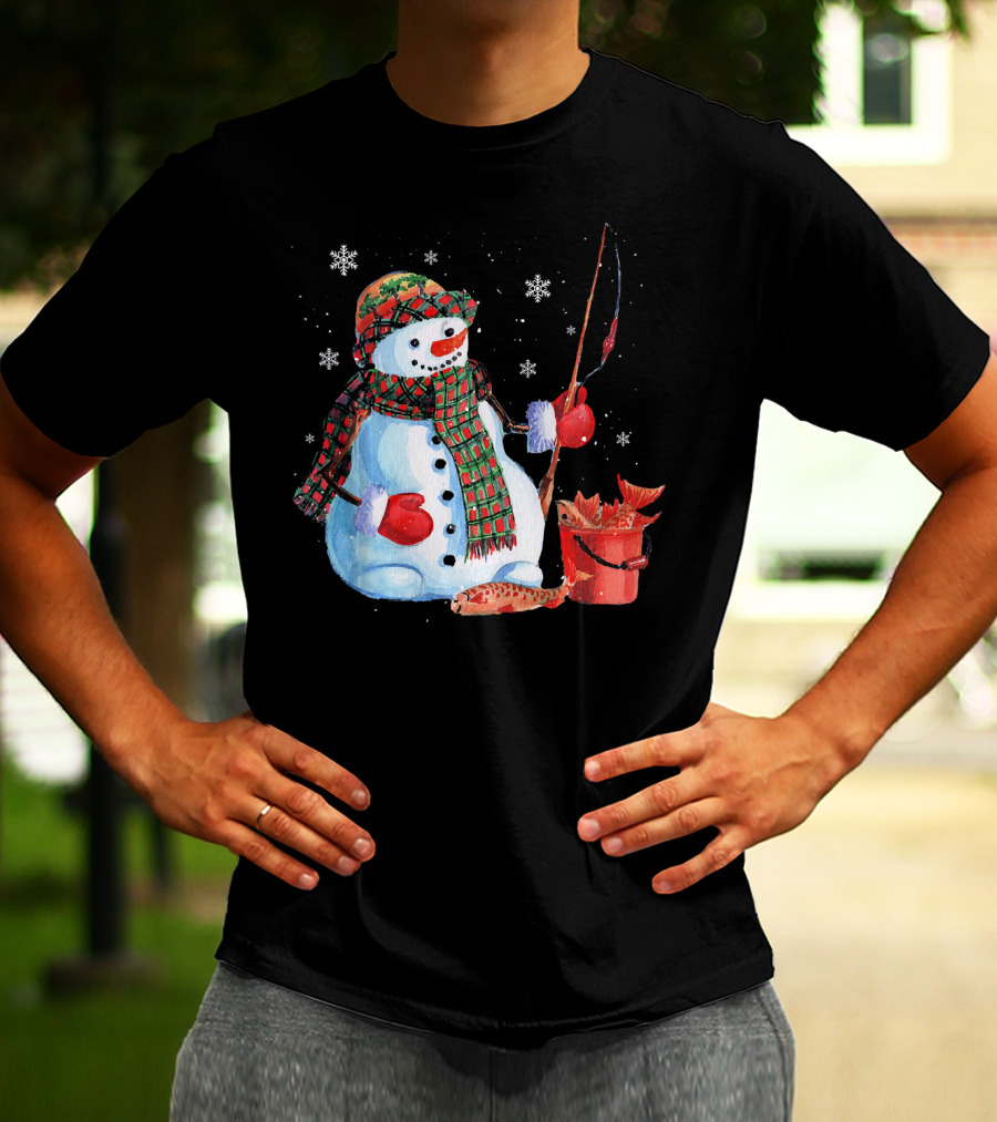 Merry Christmas Snowman Fishing With Fish And Snowflakes T-Shirt