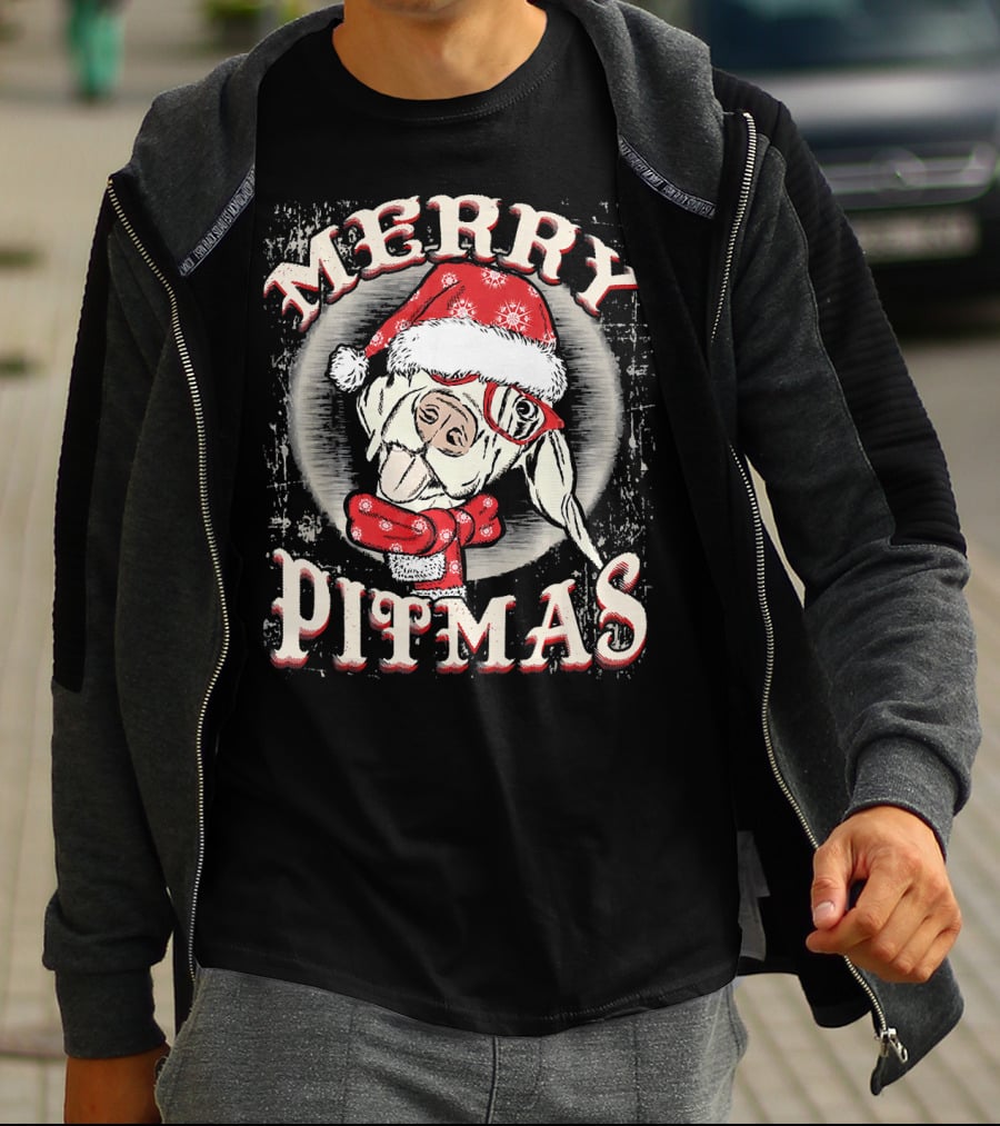 Merry Pitmas Santa Hat Festive Dog T-Shirt