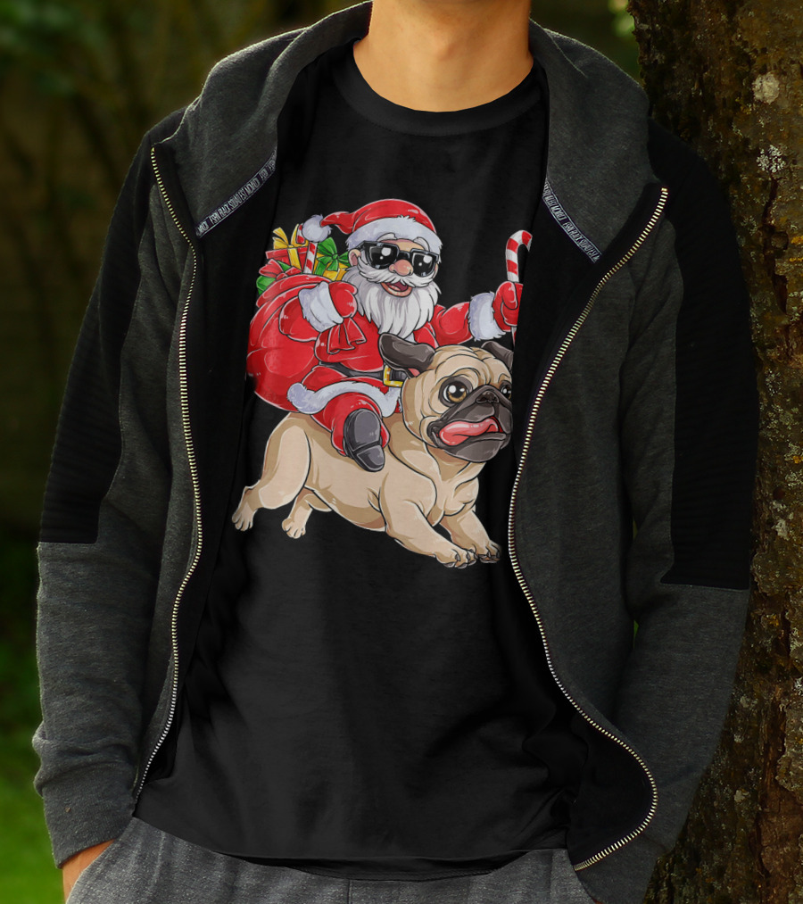 Santa Claus Riding Pug With Candy Cane And Gifts T-Shirt