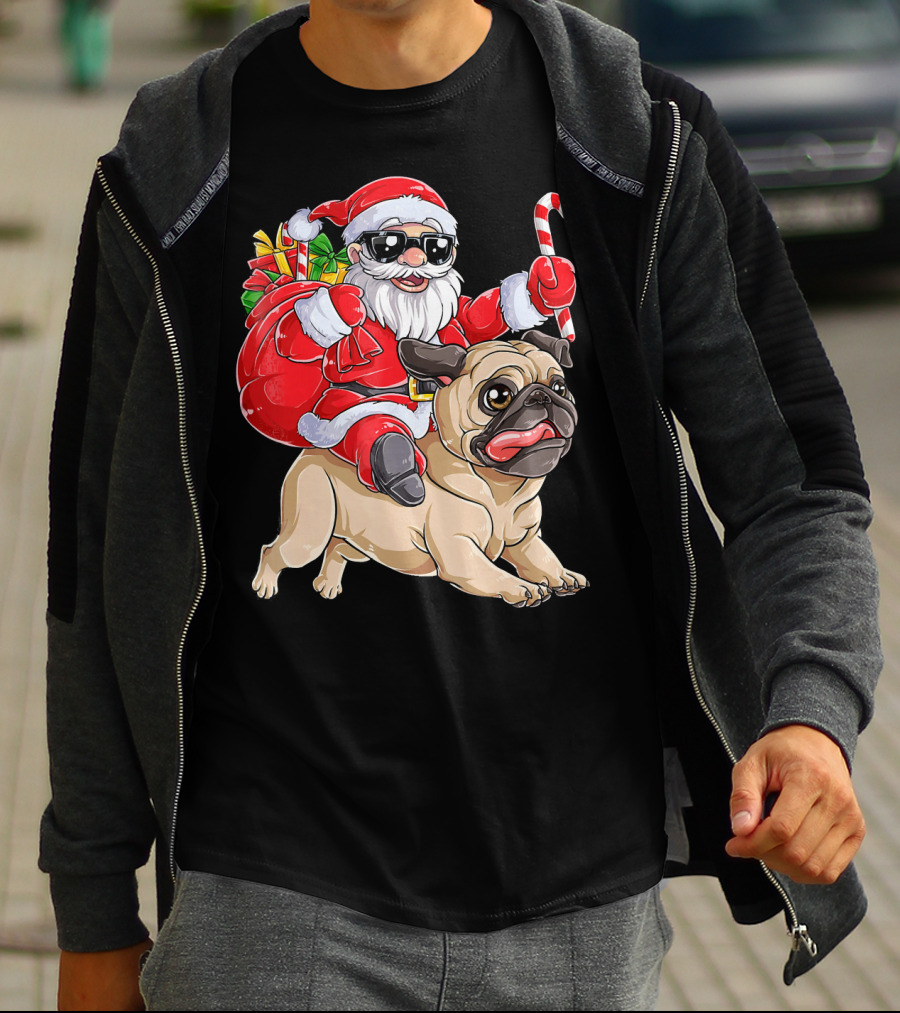 Santa Claus Riding Pug With Candy Cane And Gifts T-Shirt