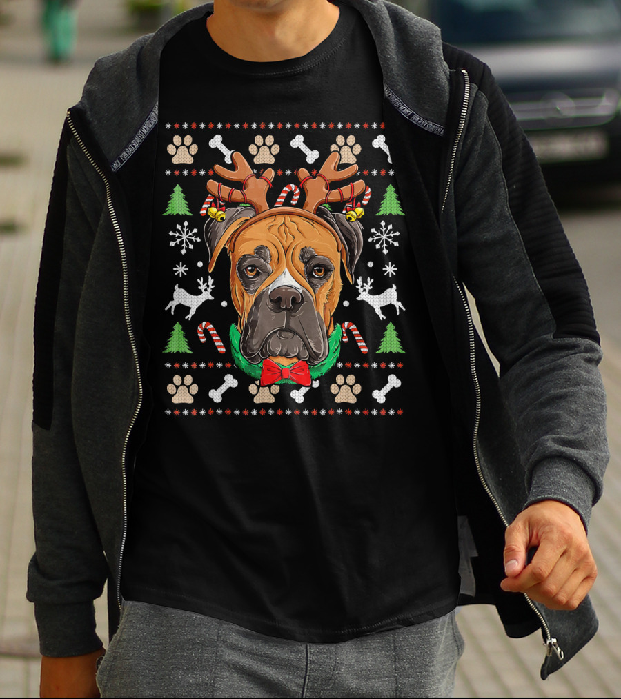 Boxer Ugly Christmas Reindeer Antlers Candy Canes Snowflakes Green Trees T-Shirt