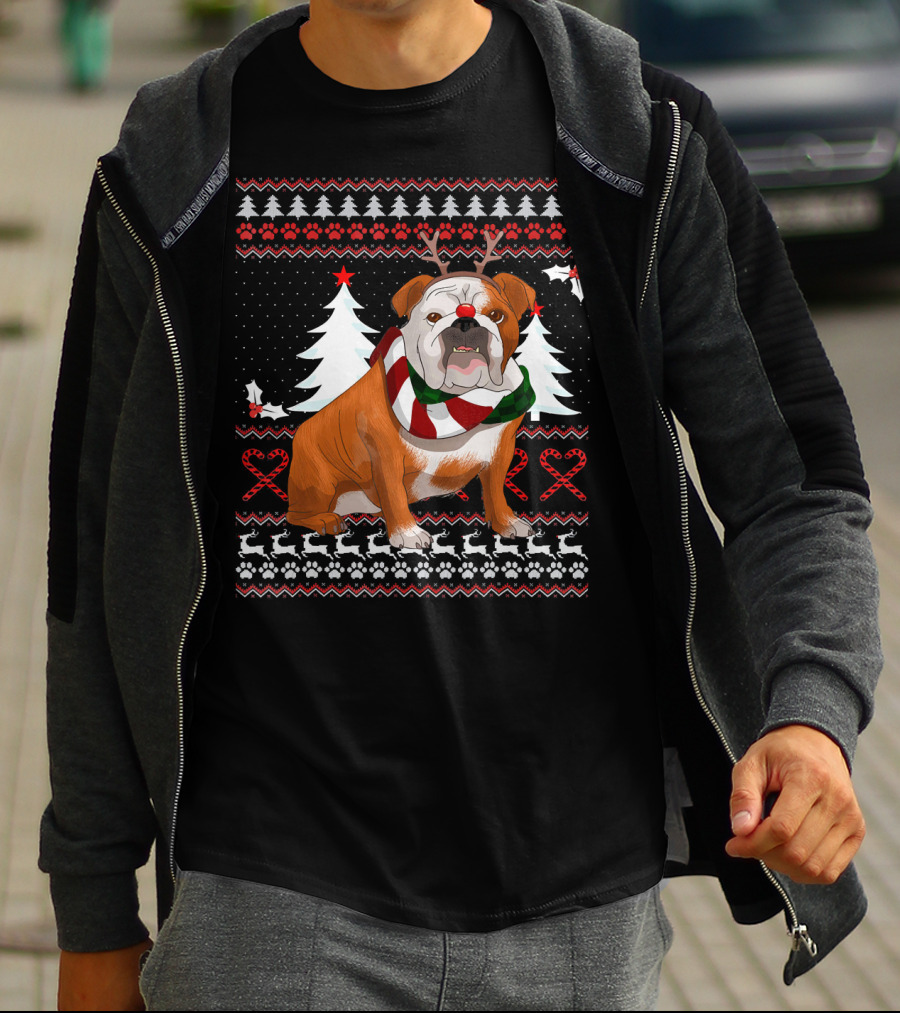 English Bulldog Festive Christmas Sweater With Reindeer Antlers T-Shirt