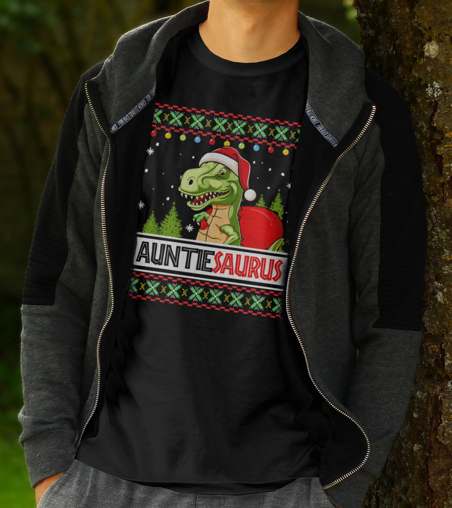Auntiesaurus Funny Auntie Dinosaur Christmas Sweater T-Rex Santa Hat T-Shirt