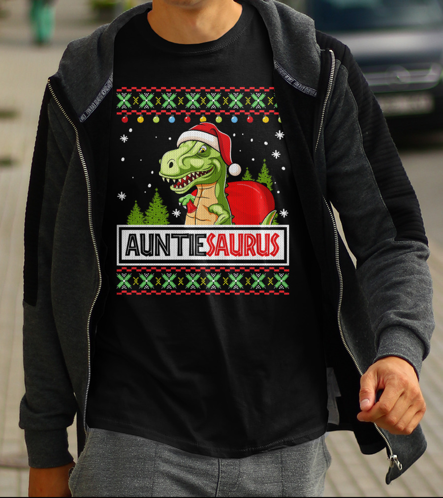 Auntiesaurus Funny Auntie Dinosaur Christmas Sweater T-Rex Santa Hat T-Shirt