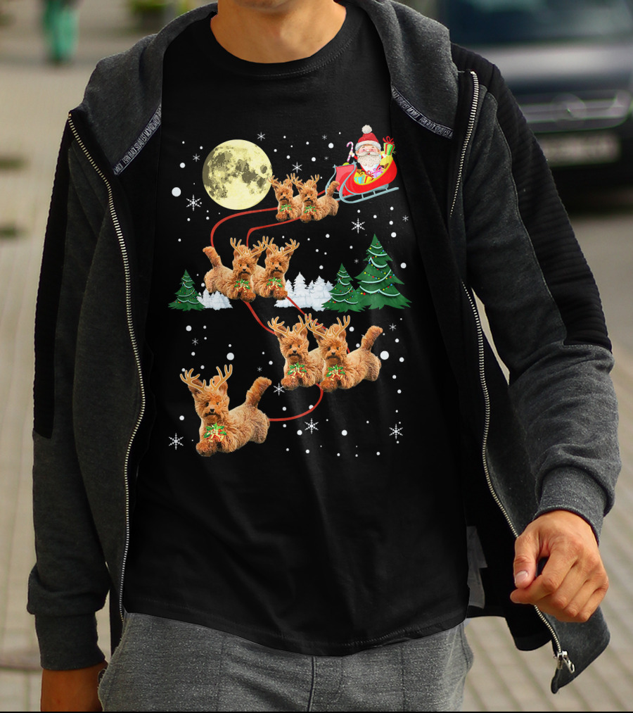 Funny Reindeer Dogs With Santa Sleigh Under Full Moon T-Shirt
