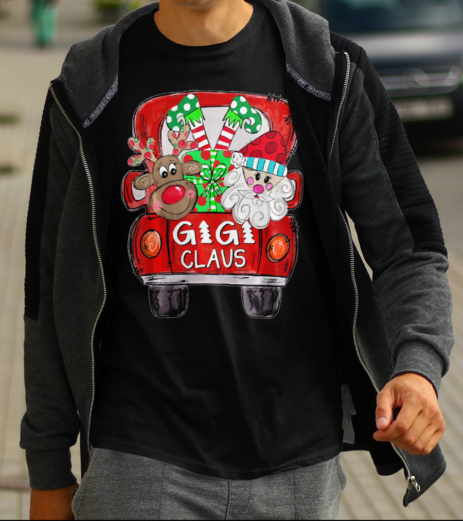 GiGi Claus Christmas Red Truck Reindeer With Gifts And Candy Canes T-Shirt