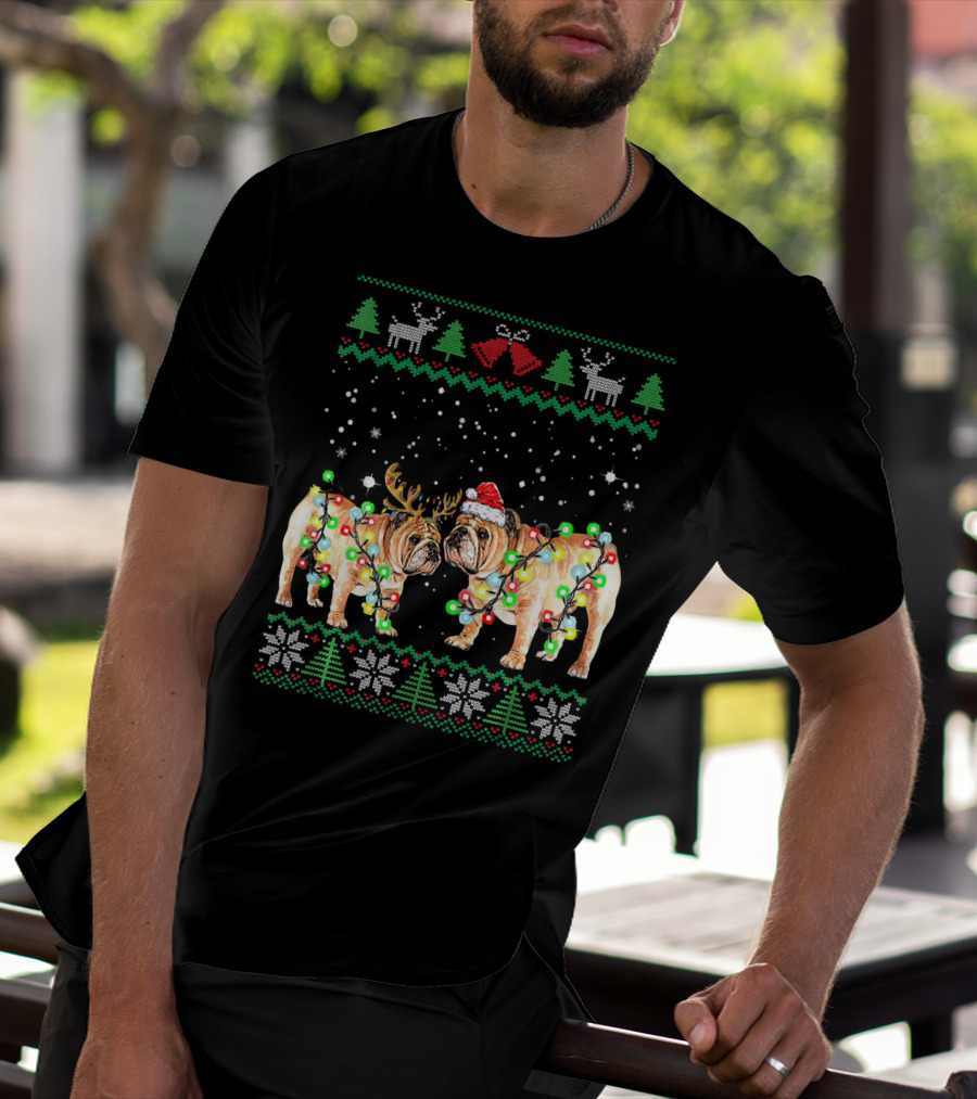 Bulldog Ugly Christmas Sweater With Santa Hat And Reindeer Antlers T-Shirt