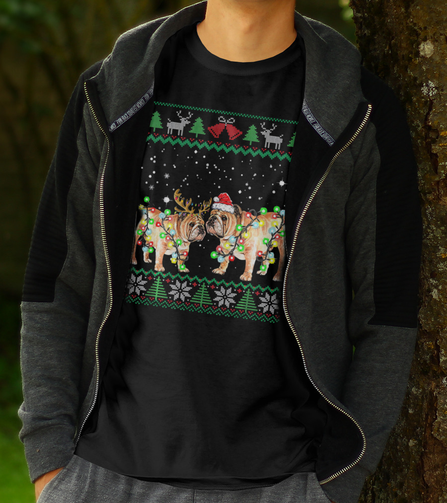 Bulldog Ugly Christmas Sweater With Santa Hat And Reindeer Antlers T-Shirt