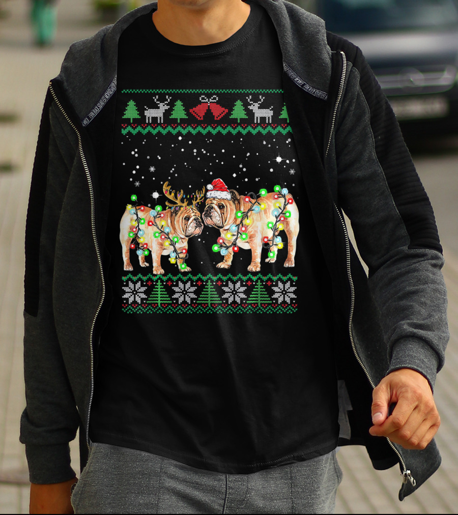 Bulldog Ugly Christmas Sweater With Santa Hat And Reindeer Antlers T-Shirt