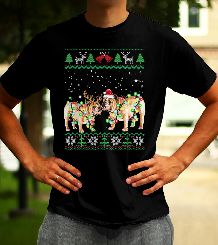Bulldog Ugly Christmas Sweater With Santa Hat And Reindeer Antlers T-Shirt