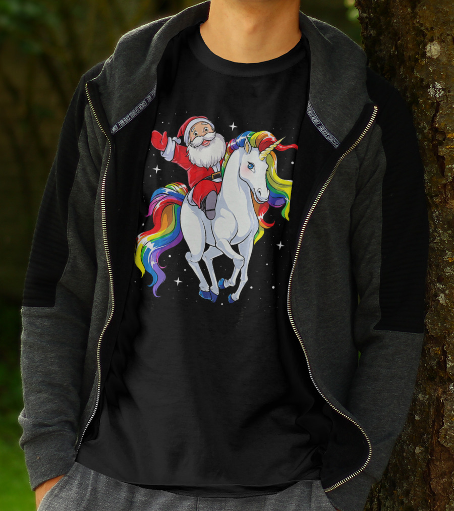 Santa Riding Magical Rainbow Unicorn T-Shirt