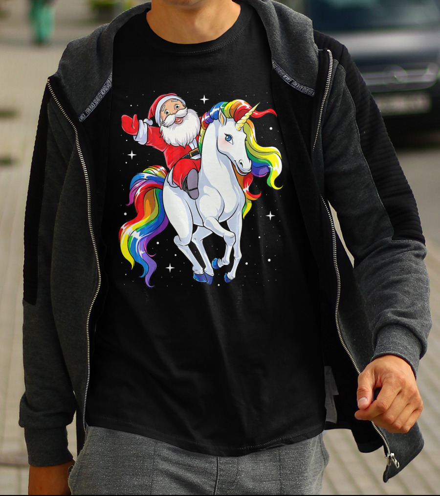 Santa Riding Magical Rainbow Unicorn T-Shirt